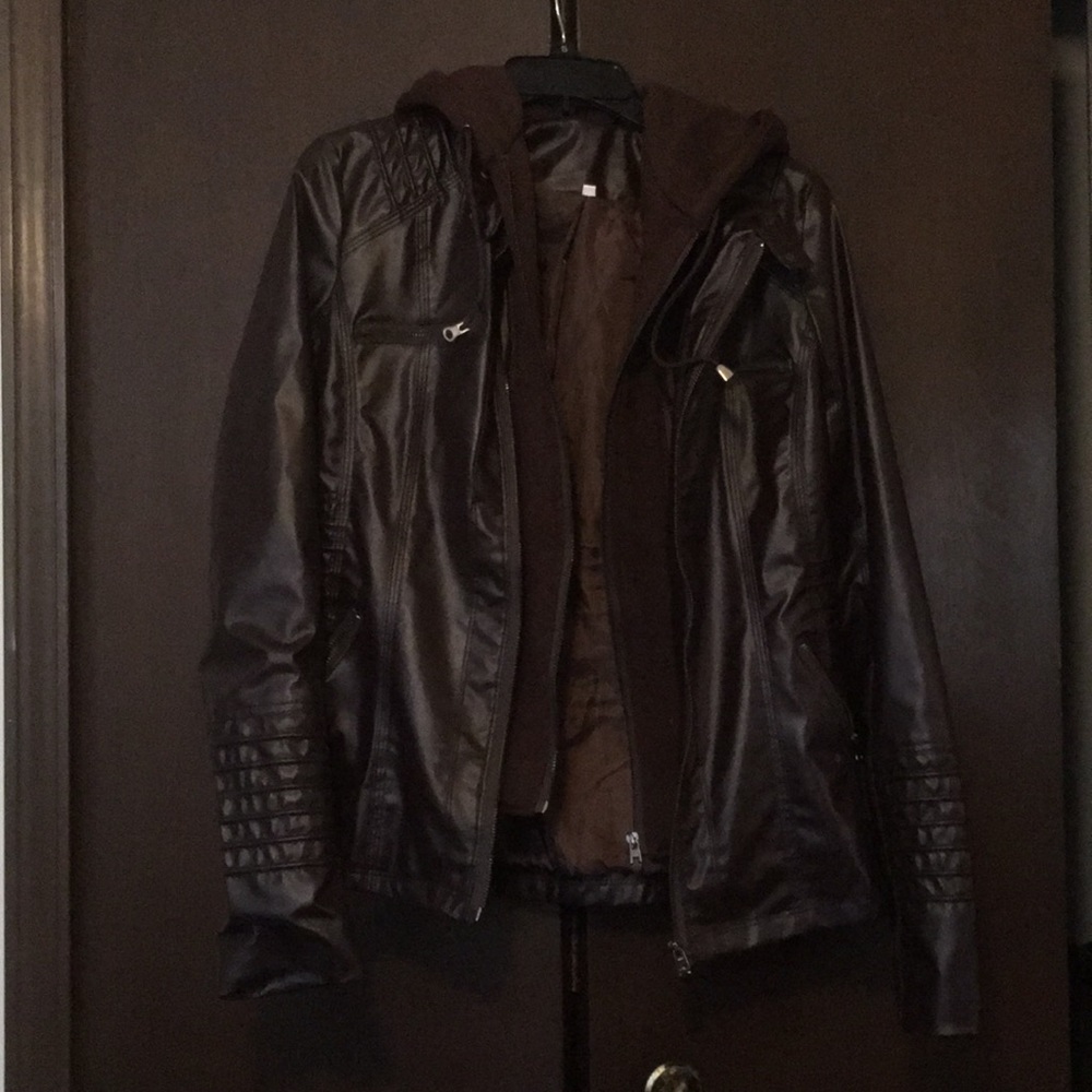 Last chance! Fake leather jacket w/ removable hood